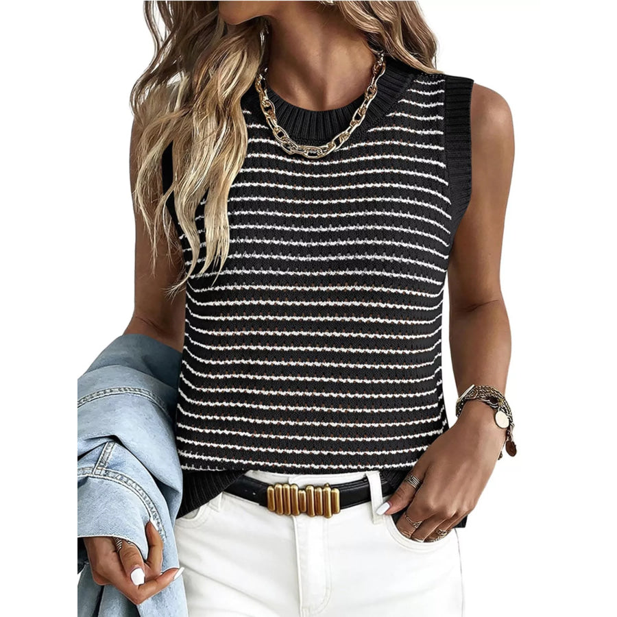 Striped Knit Sweater Vest Black / S Apparel and Accessories