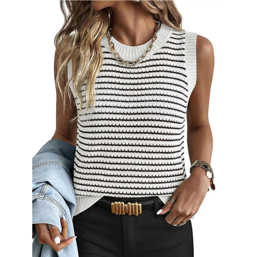 Striped Knit Sweater Vest White / S Apparel and Accessories