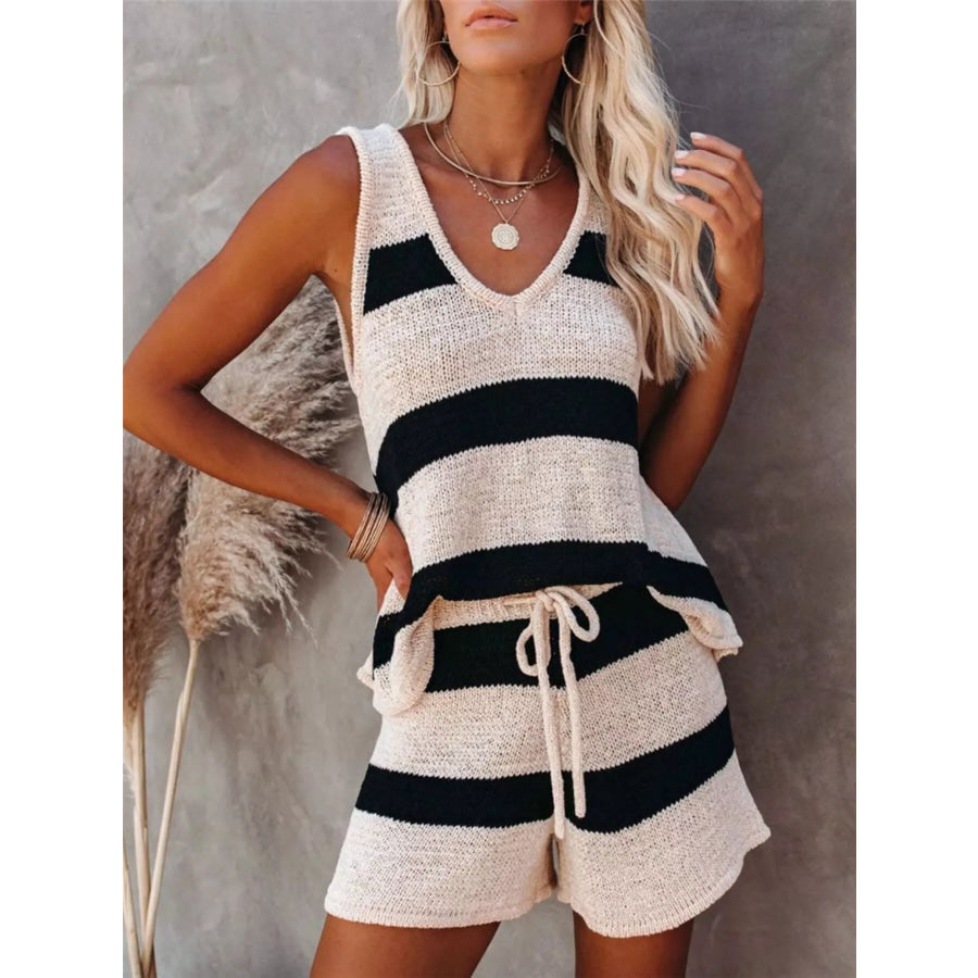 Striped Knit Tank and Shorts Set Apricot / S Apparel and Accessories