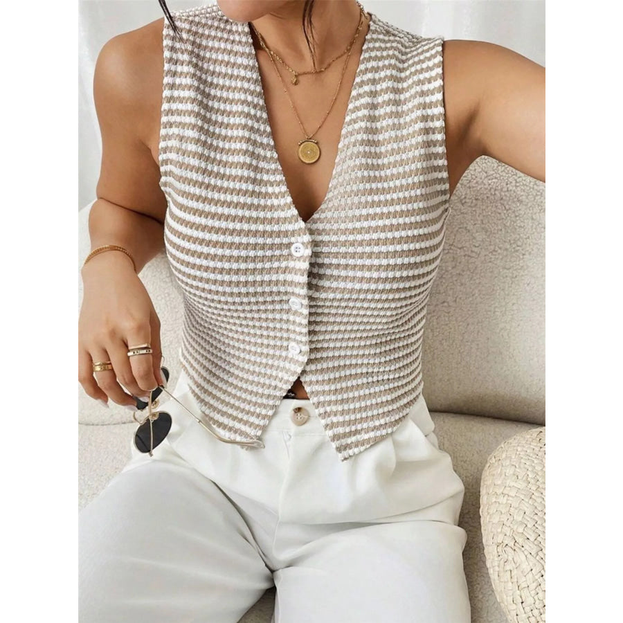 Striped Knit V-Neck Vest Khaki / S Apparel and Accessories