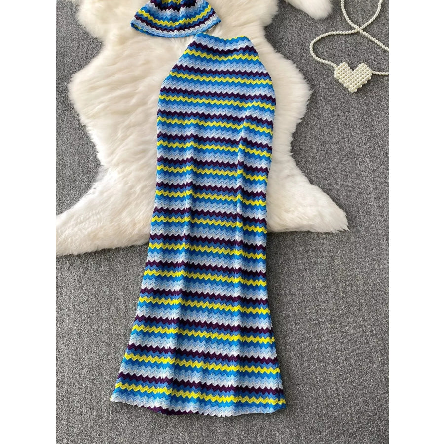Striped Knitted Halter Top and Maxi Skirt Set Apparel and Accessories