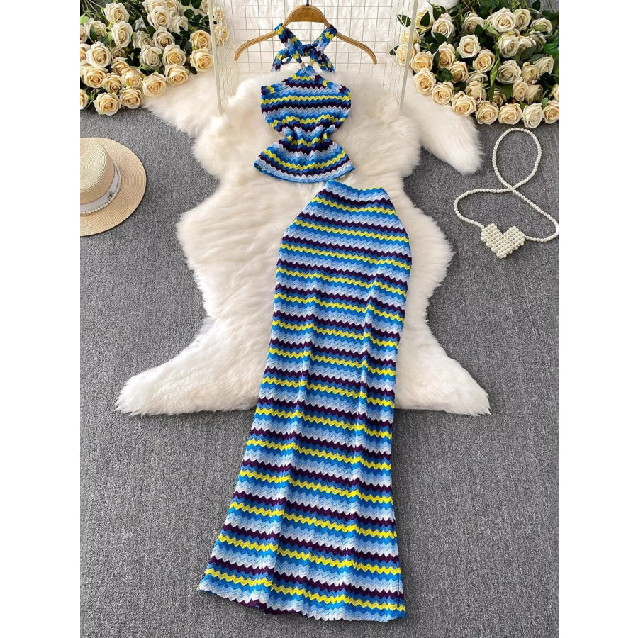 Striped Knitted Halter Top and Maxi Skirt Set Cerulean / S Apparel and Accessories