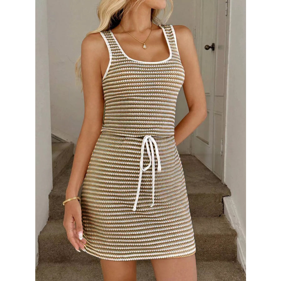 Striped Knitted Mini Dress with Drawstring Brown / S Apparel and Accessories