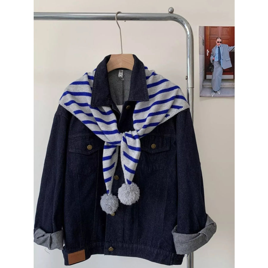 Striped Knitted Scarf with Pom-poms Blue / One Size Apparel and Accessories