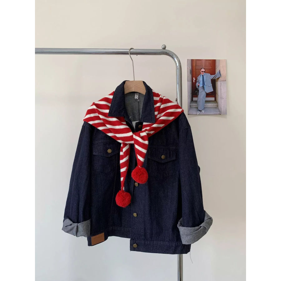 Striped Knitted Scarf with Pom-poms Deep Red / One Size Apparel and Accessories