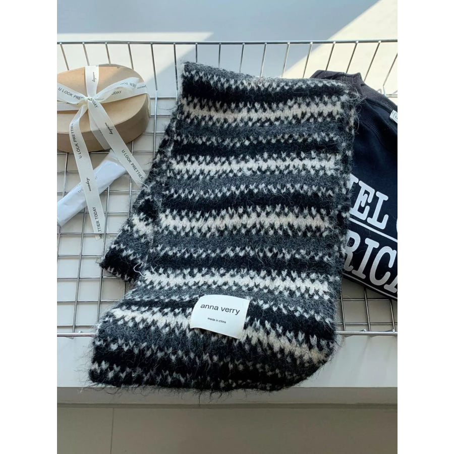 Striped Knitted Warm Scarf Dark Gray / One Size Apparel and Accessories