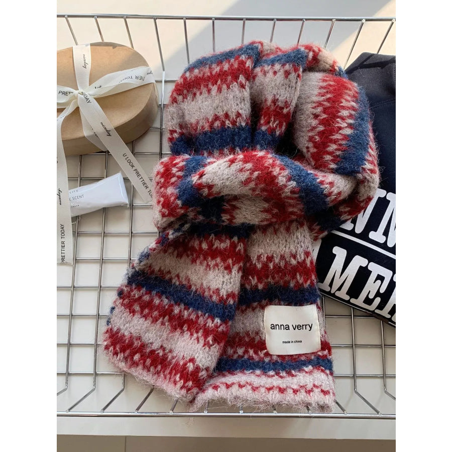 Striped Knitted Warm Scarf Deep Red / One Size Apparel and Accessories