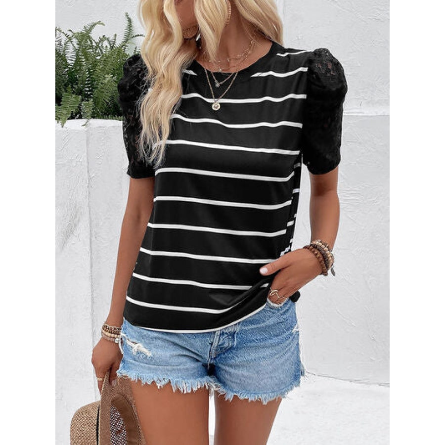 Striped Lace Detail Short Sleeve T-Shirt Clothing