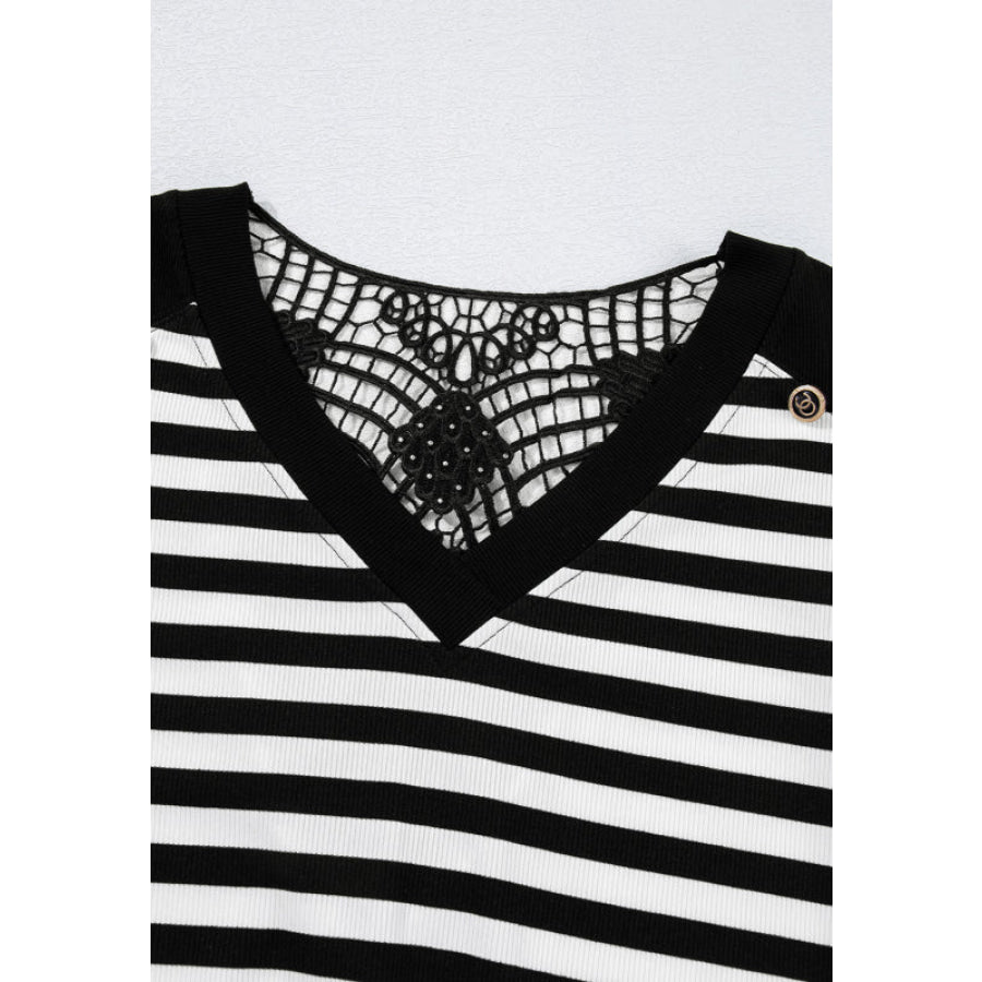 Striped Lace Detail V Neck Top Apparel and Accessories