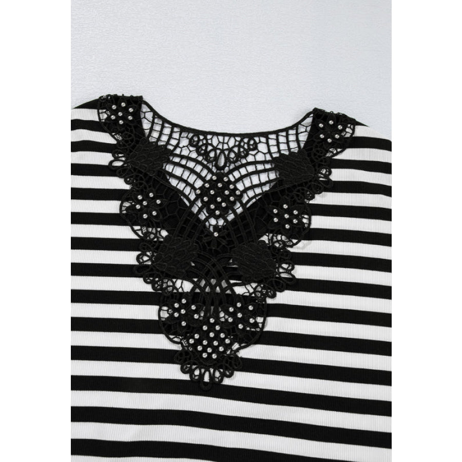 Striped Lace Detail V Neck Top Apparel and Accessories