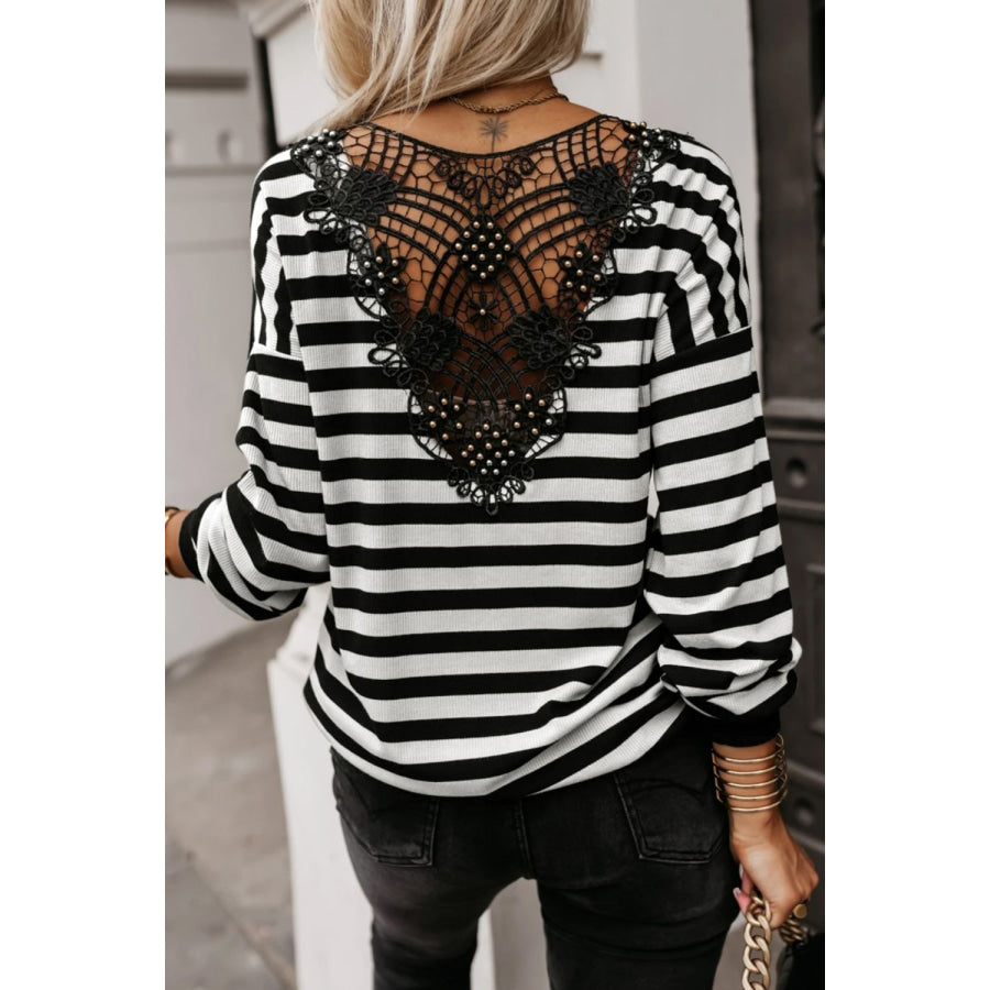 Striped Lace Detail V Neck Top Black / S Apparel and Accessories