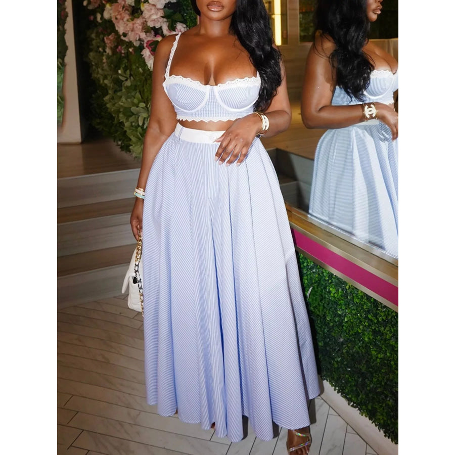 Striped Lace Trim Cami and Skirt Two-Piece Set Apparel Accessories
