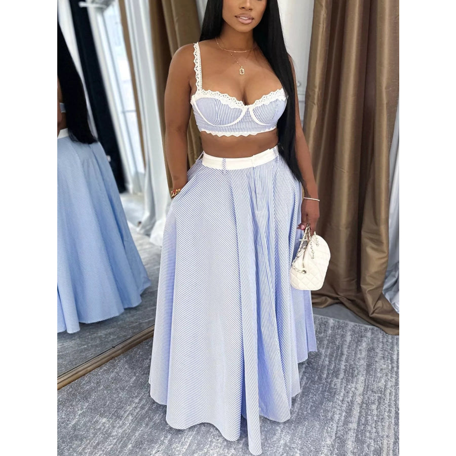 Striped Lace Trim Cami and Skirt Two-Piece Set Blue / S Apparel Accessories