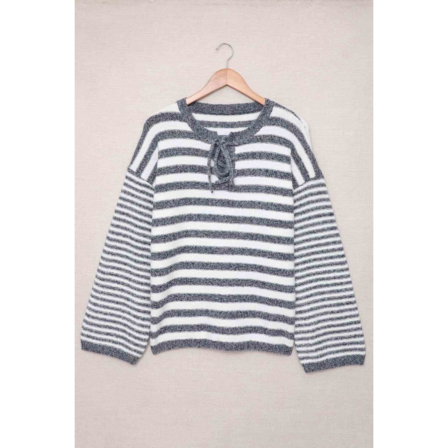 Striped Lace Up Bell Sleeve Sweater Apparel and Accessories