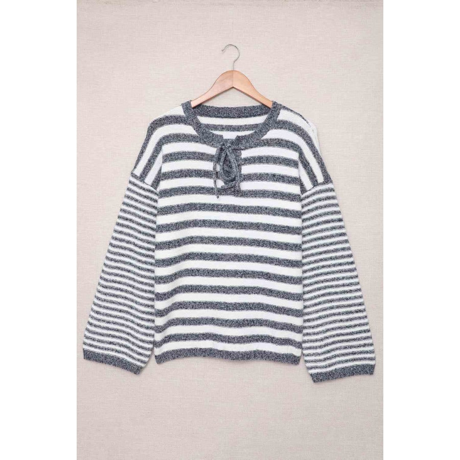 Striped Lace Up Bell Sleeve Sweater Blue Stripe / S Apparel and Accessories