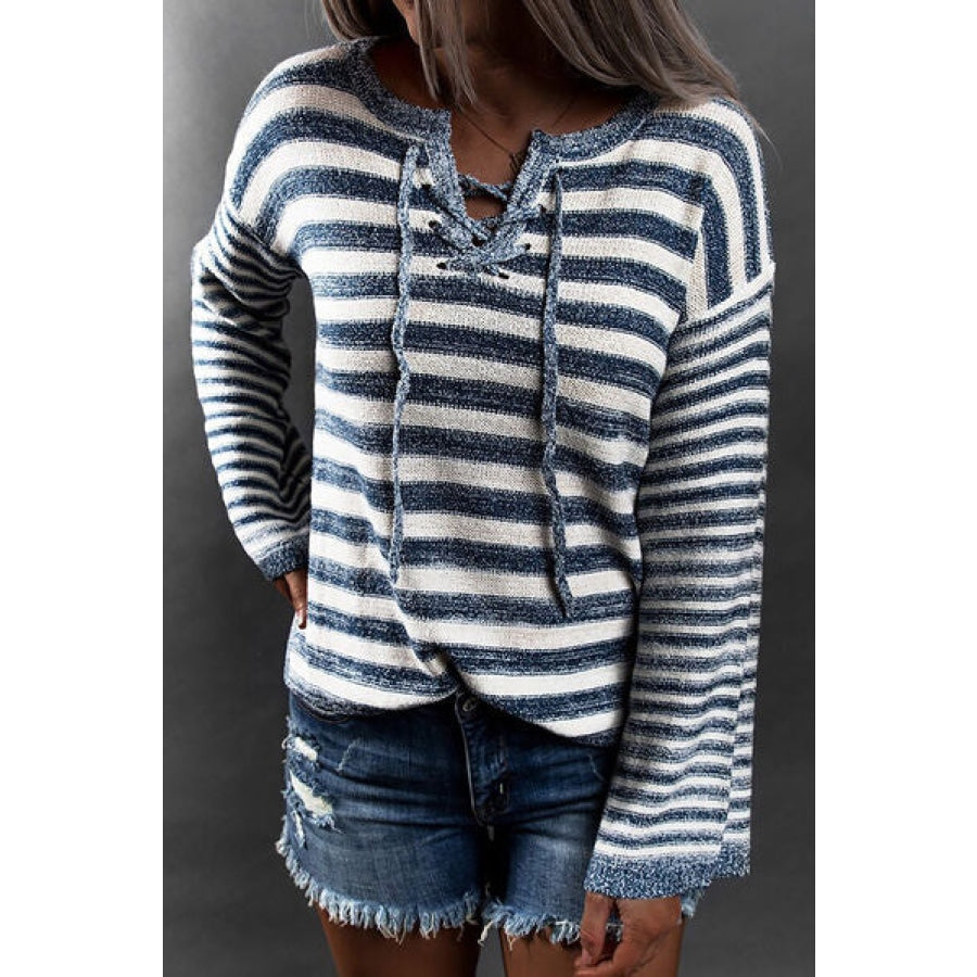 Striped Lace Up Bell Sleeve Sweater Blue Stripe / S Apparel and Accessories