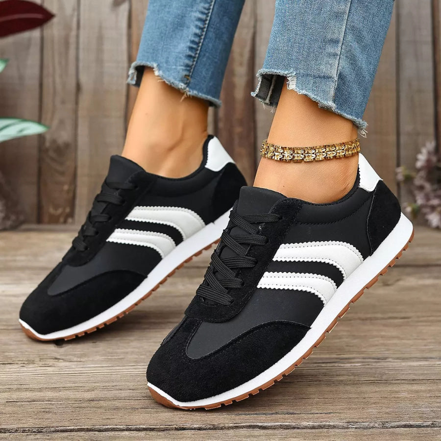 Striped Lace-Up Casual Sneakers Black / 36 Apparel and Accessories