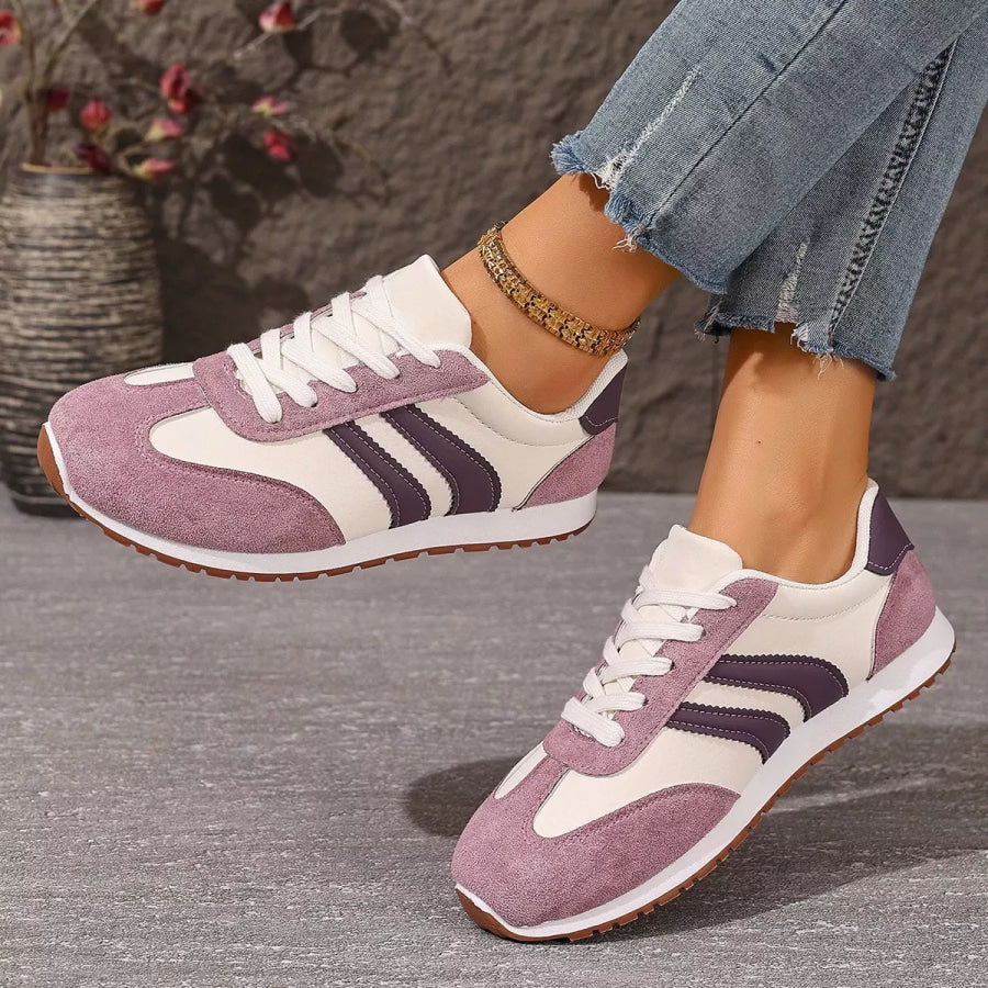 Striped Lace-Up Casual Sneakers Pink / 36 Apparel and Accessories