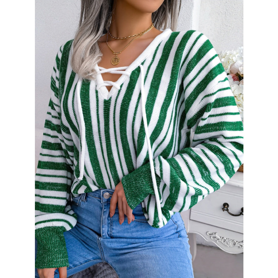 Striped Lace-Up Long Sleeve Sweater Apparel and Accessories