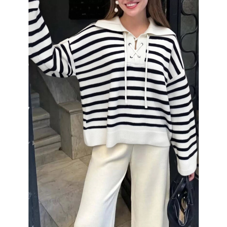 Striped Lace-Up Long Sleeve Sweater Apparel and Accessories