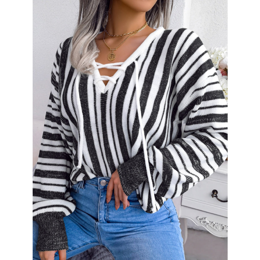 Striped Lace-Up Long Sleeve Sweater Apparel and Accessories