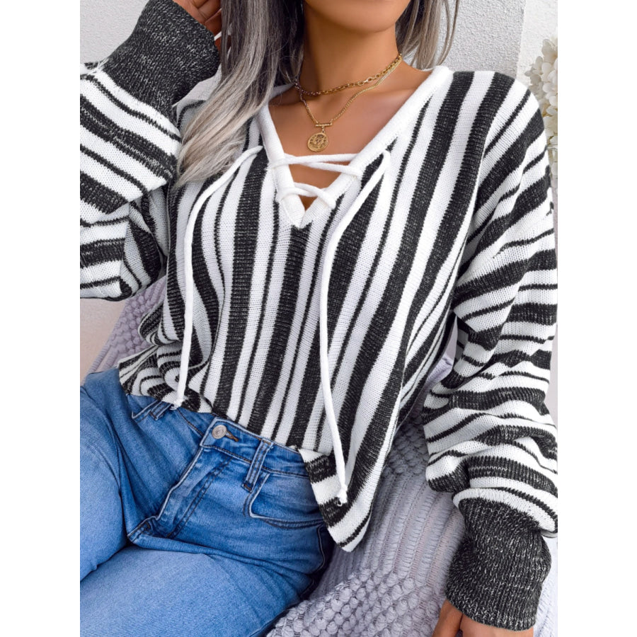 Striped Lace-Up Long Sleeve Sweater Apparel and Accessories