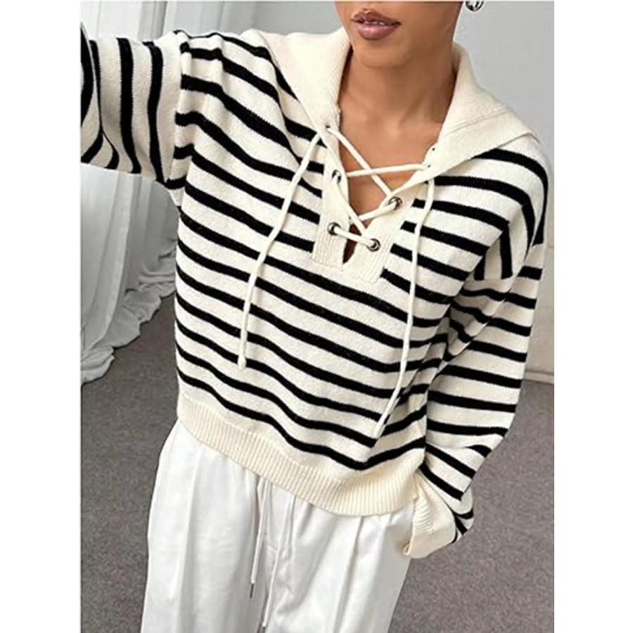 Striped Lace-Up Long Sleeve Sweater Apparel and Accessories