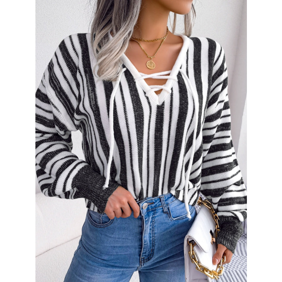 Striped Lace-Up Long Sleeve Sweater Apparel and Accessories