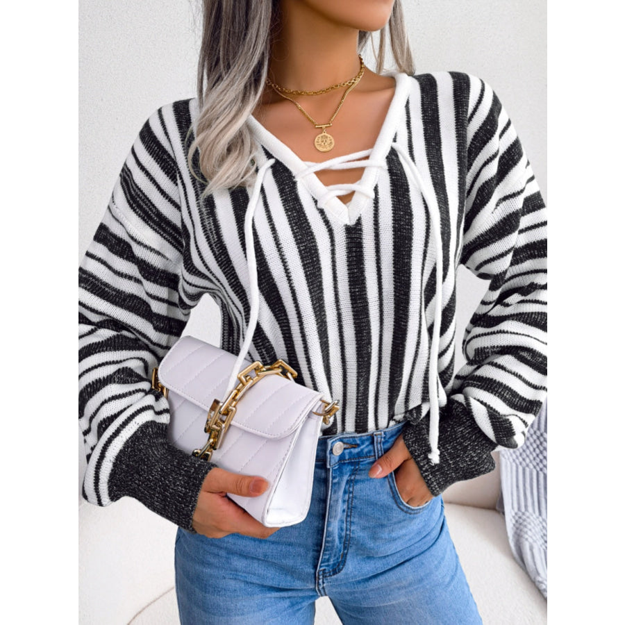 Striped Lace-Up Long Sleeve Sweater Apparel and Accessories