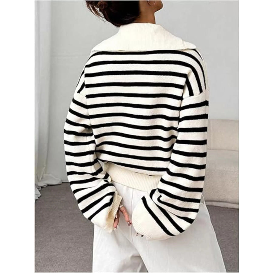 Striped Lace-Up Long Sleeve Sweater Apparel and Accessories
