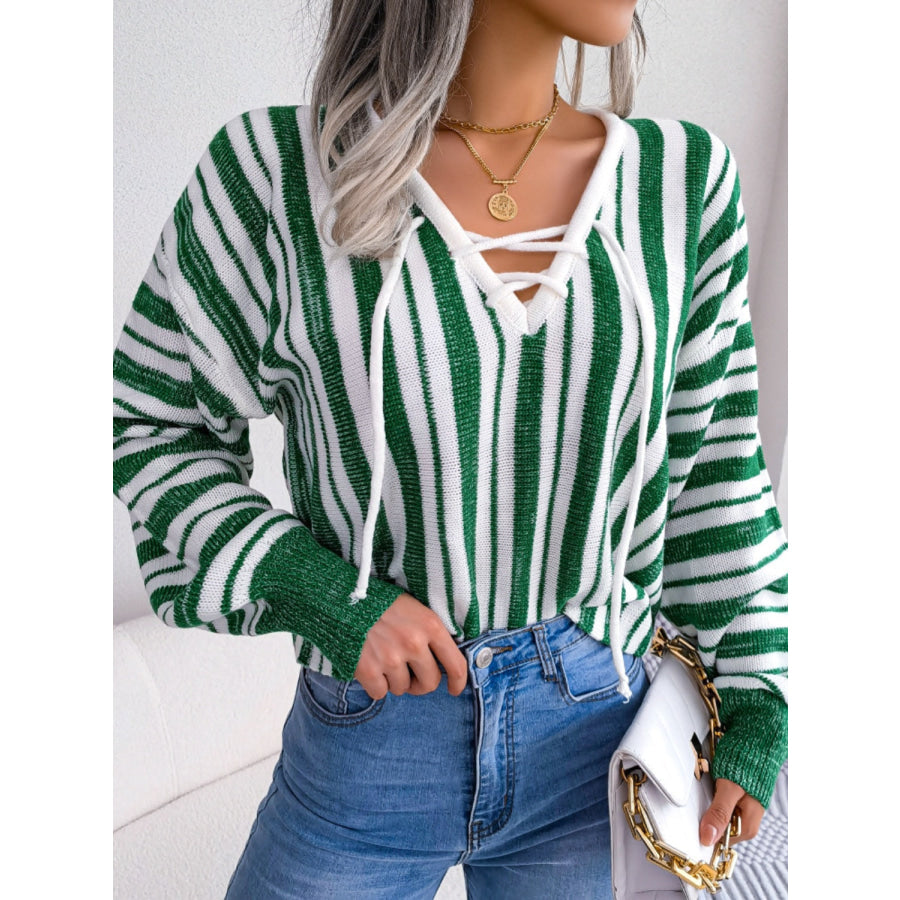 Striped Lace-Up Long Sleeve Sweater Apparel and Accessories