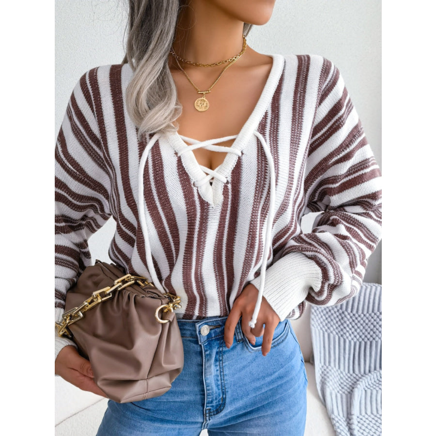 Striped Lace-Up Long Sleeve Sweater Apparel and Accessories