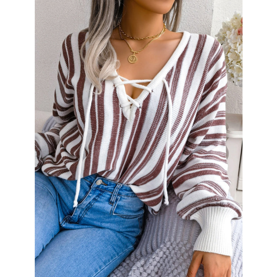 Striped Lace-Up Long Sleeve Sweater Apparel and Accessories