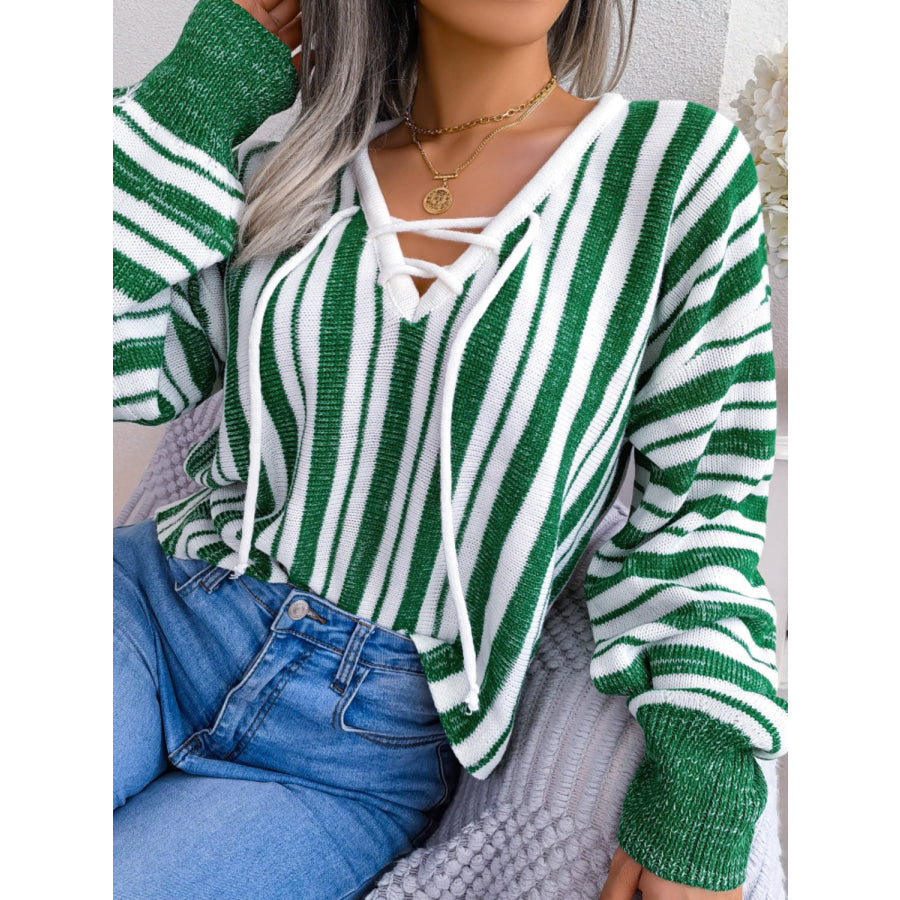 Striped Lace-Up Long Sleeve Sweater Apparel and Accessories