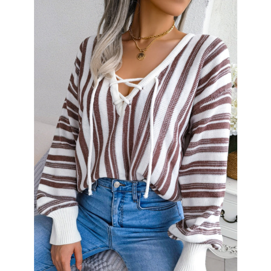 Striped Lace-Up Long Sleeve Sweater Apparel and Accessories