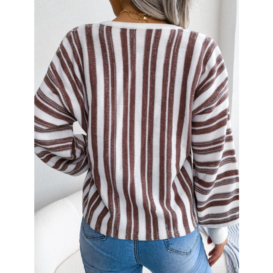 Striped Lace-Up Long Sleeve Sweater Apparel and Accessories