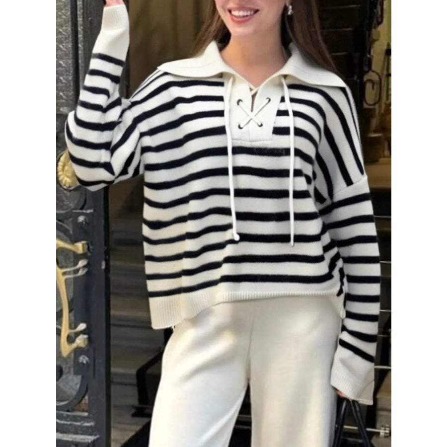 Striped Lace-Up Long Sleeve Sweater Apparel and Accessories