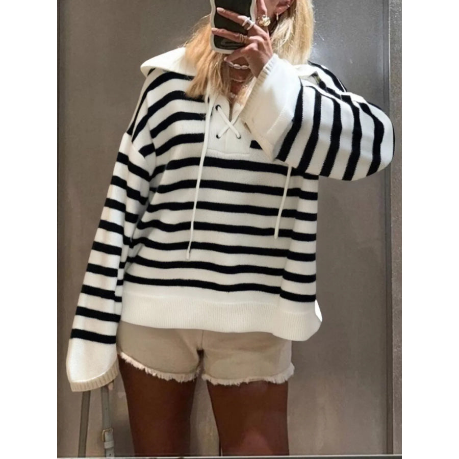 Striped Lace-Up Long Sleeve Sweater Black / S Apparel and Accessories