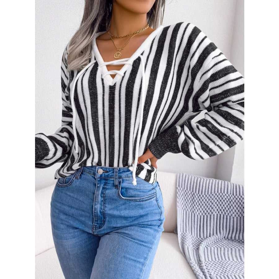 Striped Lace-Up Long Sleeve Sweater Black / S Apparel and Accessories