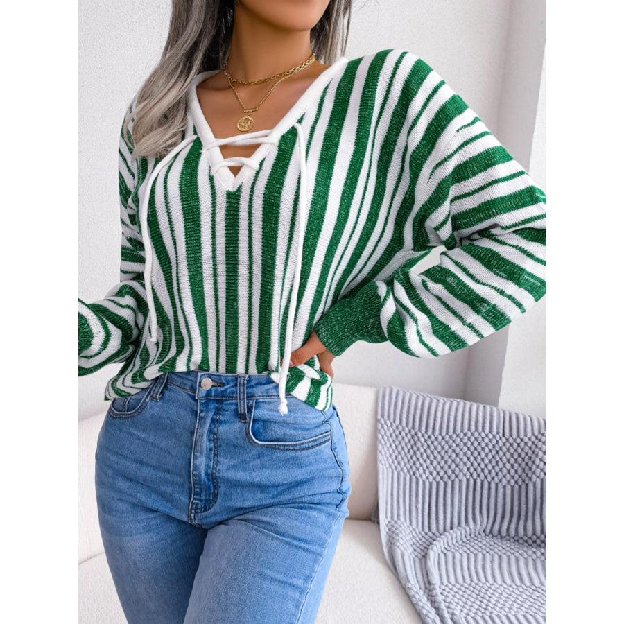 Striped Lace-Up Long Sleeve Sweater Green / S Apparel and Accessories