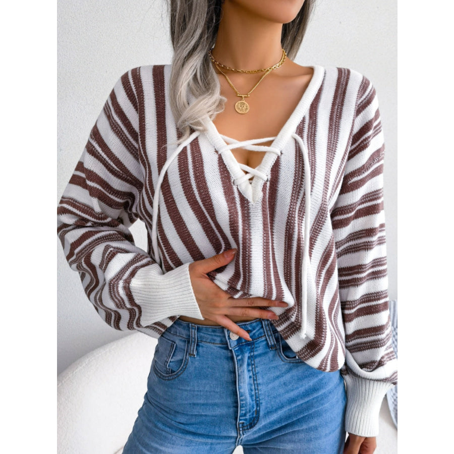 Striped Lace-Up Long Sleeve Sweater Taupe / S Apparel and Accessories