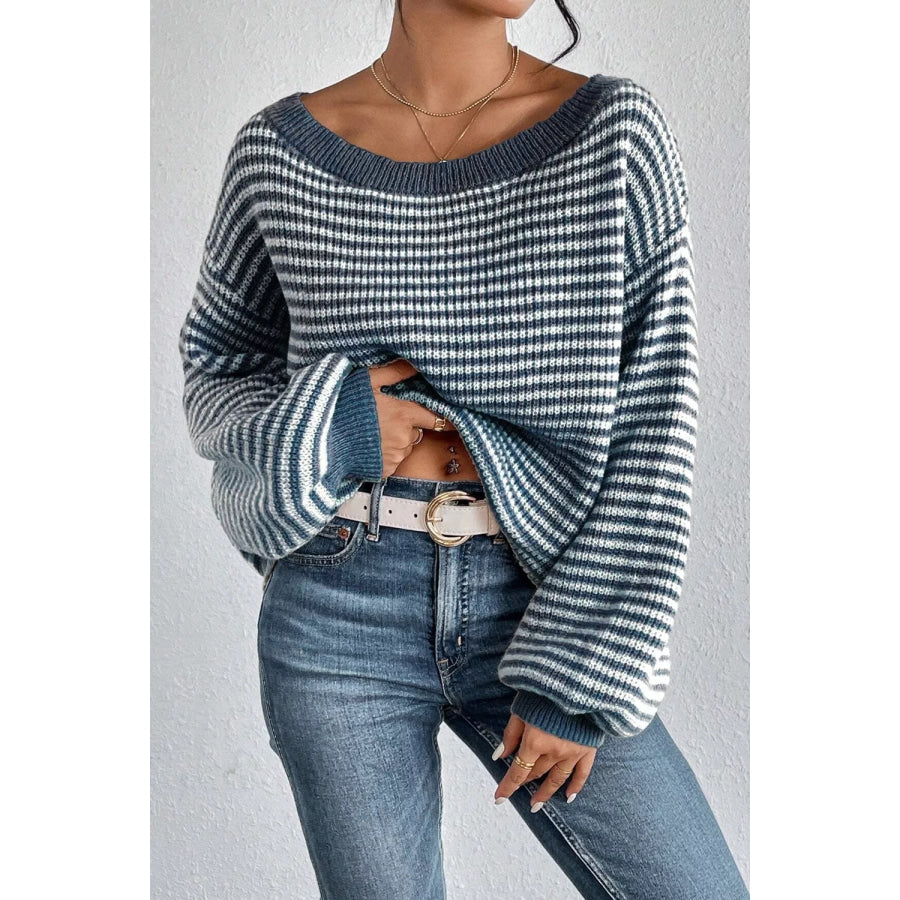 Striped Lantern Sleeve Drop Shoulder Cozy Sweater Apparel and Accessories