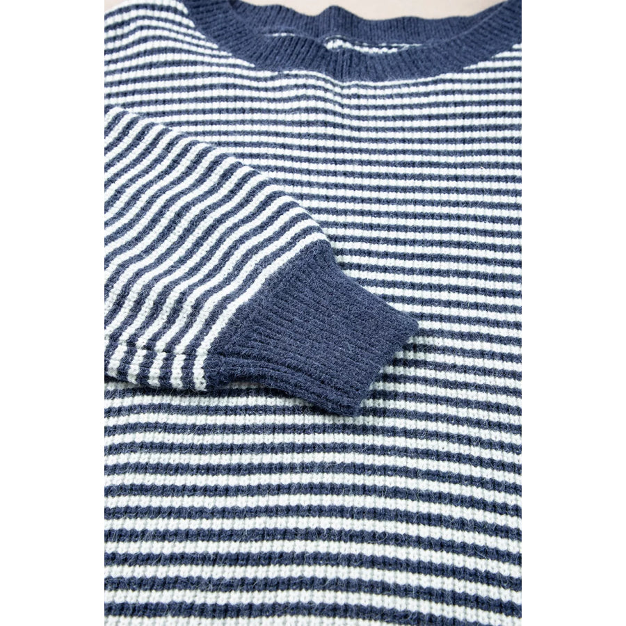 Striped Lantern Sleeve Drop Shoulder Cozy Sweater Apparel and Accessories