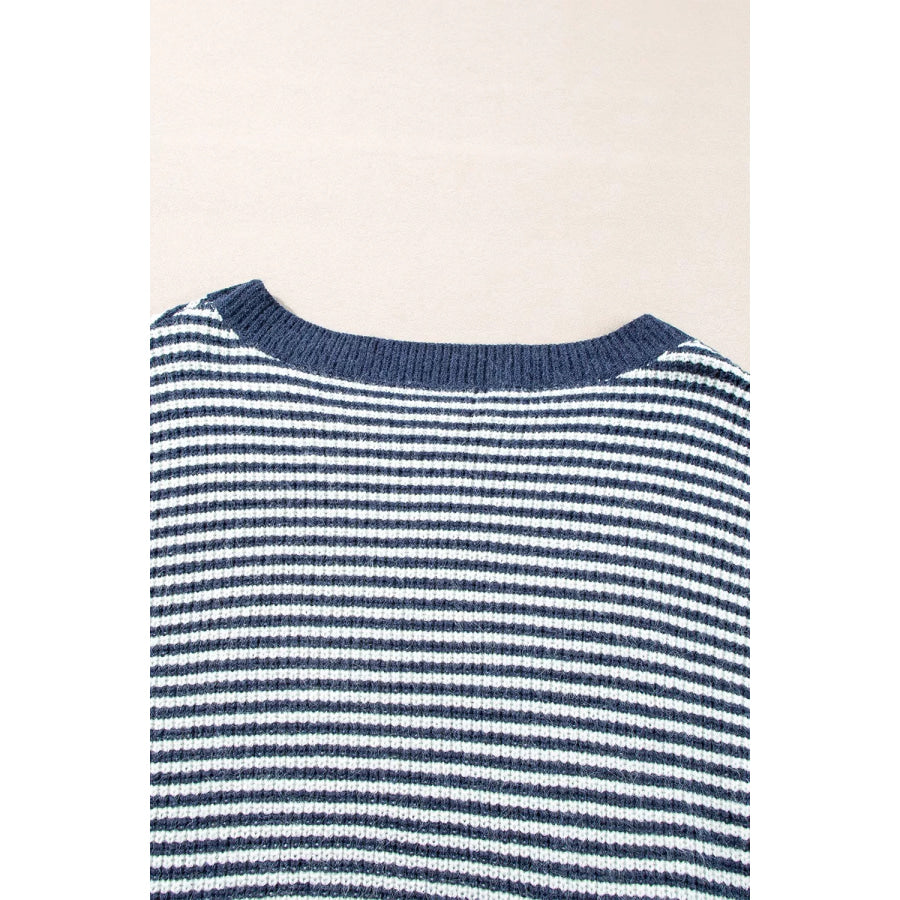 Striped Lantern Sleeve Drop Shoulder Cozy Sweater Apparel and Accessories