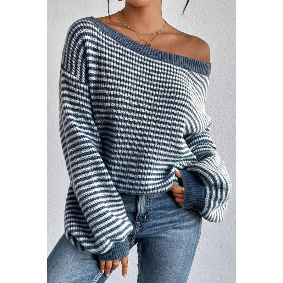 Striped Lantern Sleeve Drop Shoulder Cozy Sweater Apparel and Accessories