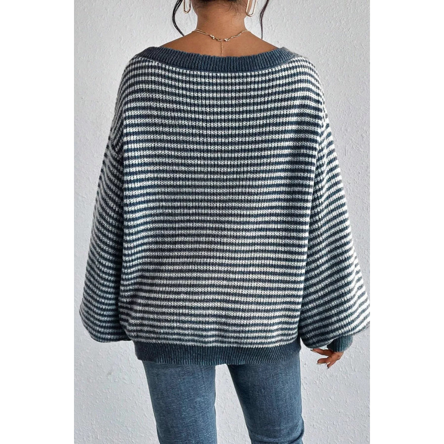 Striped Lantern Sleeve Drop Shoulder Cozy Sweater Apparel and Accessories