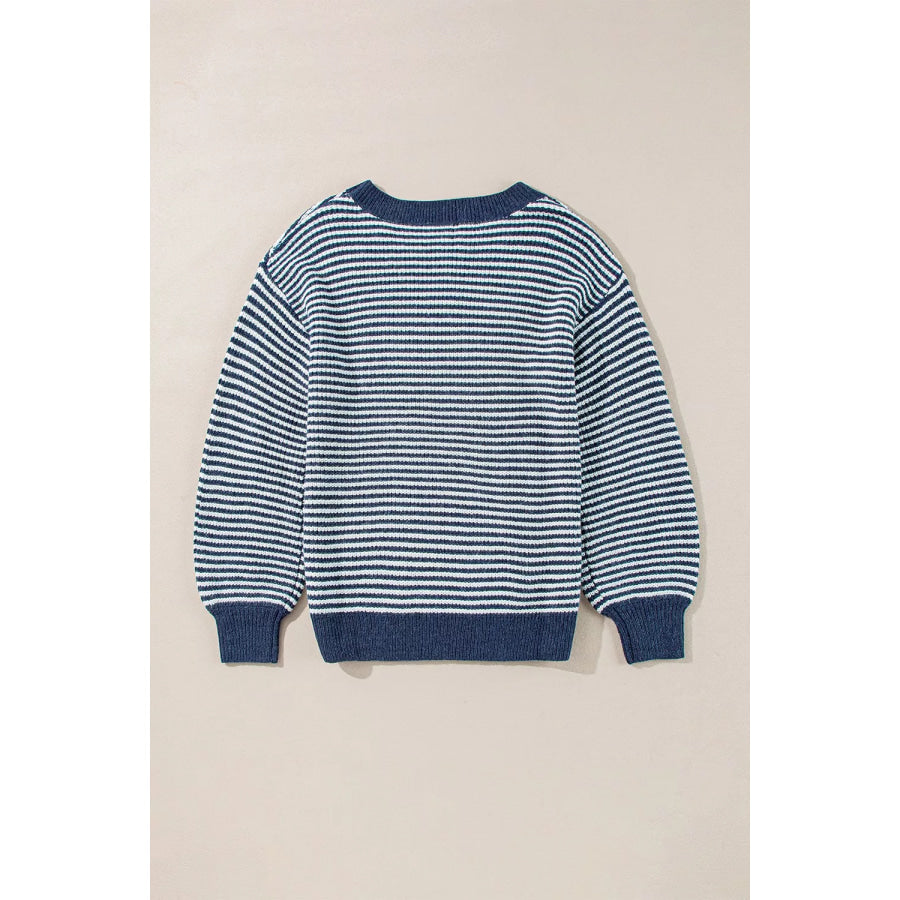 Striped Lantern Sleeve Drop Shoulder Cozy Sweater Apparel and Accessories