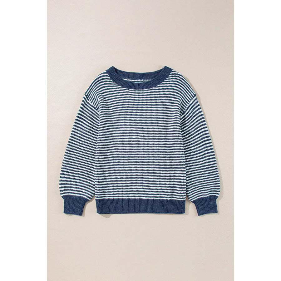 Striped Lantern Sleeve Drop Shoulder Cozy Sweater Apparel and Accessories