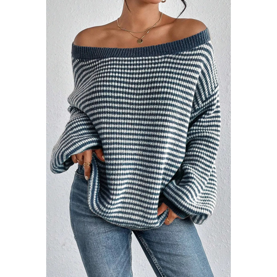 Striped Lantern Sleeve Drop Shoulder Cozy Sweater Dusty Blue / M Apparel and Accessories