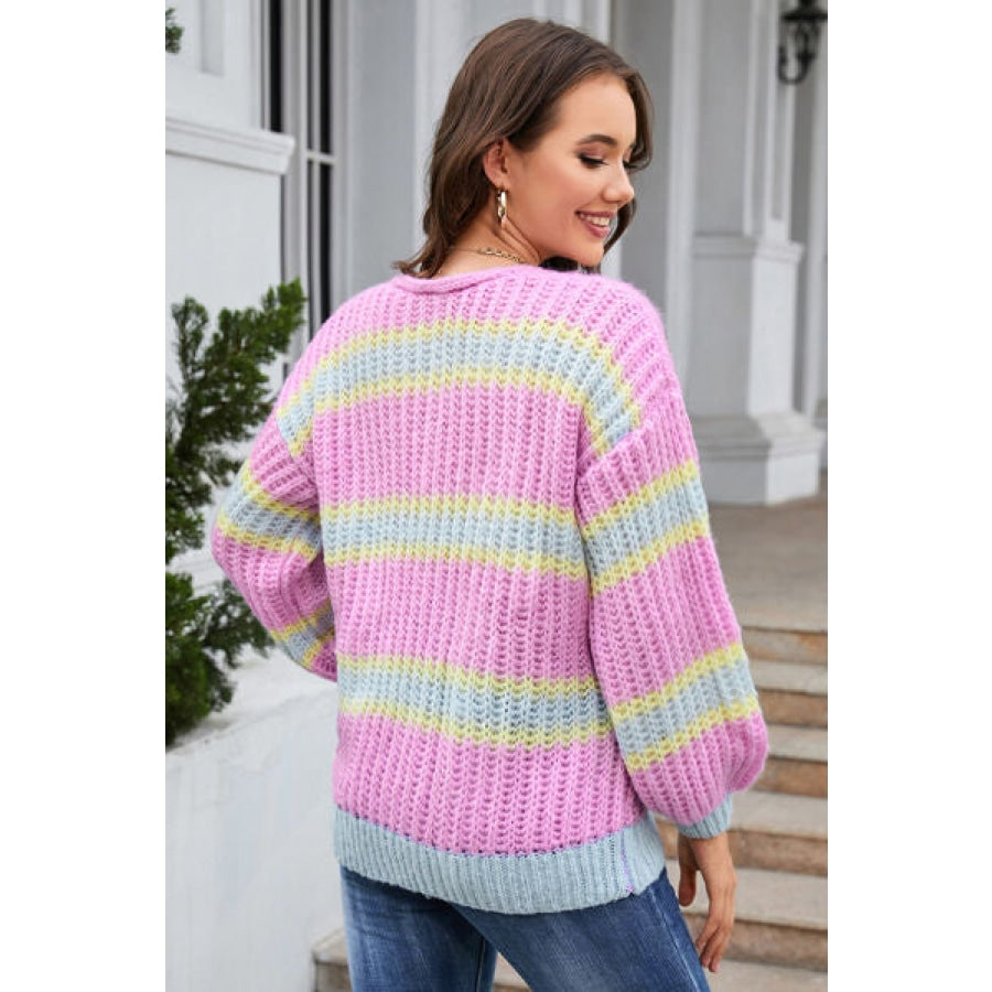 Striped Lantern Sleeve Dropped Shoulder Cardigan Clothing